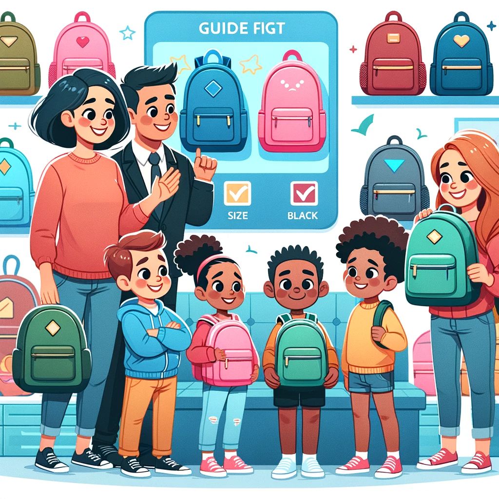 DALL·E 2024 01 03 15.24.16 Cartoon style illustration about choosing the right size and design of a backpack for a child. The image should depict a cheerful scene in a store wi | 兒童背包專家