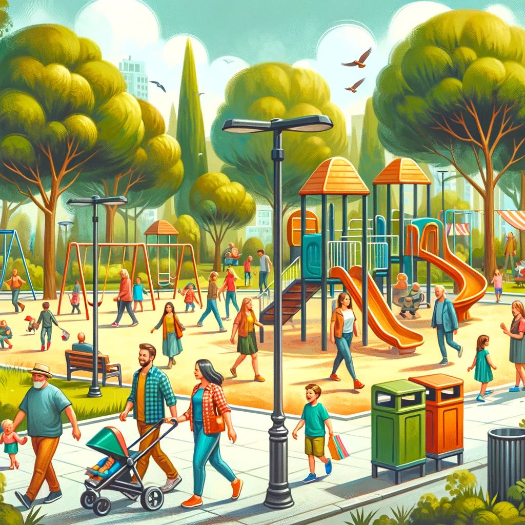 DALL·E 2024 01 03 09.23.33 Illustration in a painting style of a park scene with both adults and children. The park is lively with people walking using park equipment chatting | 兒童背包專家