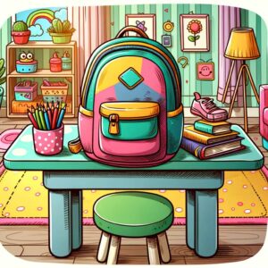 DALL·E 2024 01 05 09.51.46 Cartoon style hand drawn illustration of a childrens backpack placed on a desk at home. The backpack should be vibrant and playful appealing to chil | 兒童背包專家