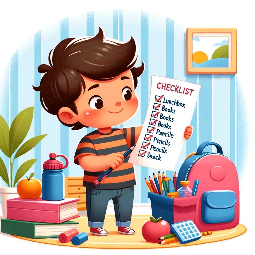 DALL·E 2024 01 05 11.35.53 Illustration of a child checking a list of items to pack. The image should depict a young child animated in a cartoon style looking at a checklist. | 兒童背包專家